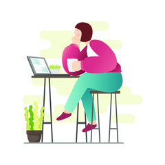 Sitting young woman with laptop in simple modern flat  style vector, people and technology concept abstract for your design work, presentation, website.