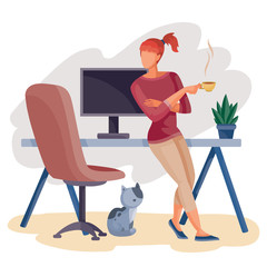 a woman stands next to the steel on which the monitor stands, next to it stands a work chair and a cat sits on the floor, rest, freelance, isolated object on a white background, vector illustration,