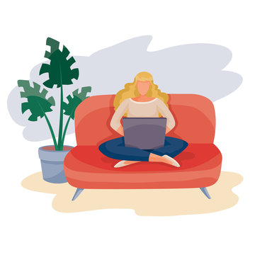 Girl Sitting On The Couch With Legs Crossed And Working On A Laptop, Behind The Sofa Is A Houseplant, Isolated Object On A White Background, Vector Illustration,
