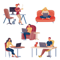 set of freelancers who work on their computers at home or in a cafe, isolated object on a white background, vector illustration,