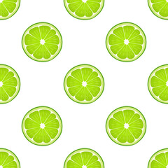 Seamless pattern with fresh bright exotic cut slice lime fruit on white background. Summer fruits for healthy lifestyle. Organic fruit. Cartoon style. Vector illustration for any design.