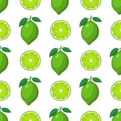Seamless pattern with fresh bright exotic whole and half lime fruit on white background. Summer fruits for healthy lifestyle. Organic fruit. Cartoon style. Vector illustration for any design.