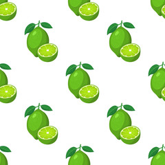 Seamless pattern with fresh bright exotic whole and half lime fruit on white background. Summer fruits for healthy lifestyle. Organic fruit. Cartoon style. Vector illustration for any design.