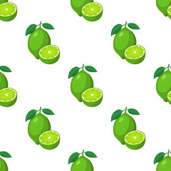 Seamless pattern with fresh bright exotic whole and half lime fruit on white background. Summer fruits for healthy lifestyle. Organic fruit. Cartoon style. Vector illustration for any design.