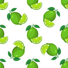 Seamless pattern with fresh bright exotic whole and cut slice lime fruit on white background. Summer fruits for healthy lifestyle. Organic fruit. Cartoon style. Vector illustration for any design.