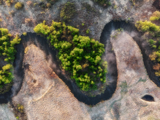 top view on field, trees and river
