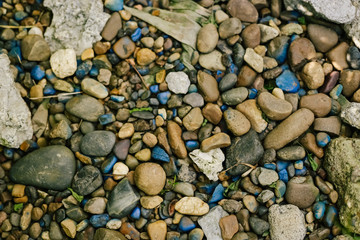 Various colored pebble stones for background in top view.