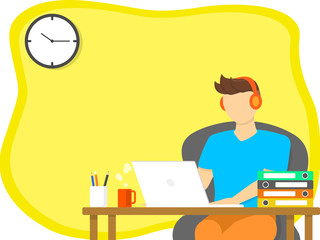 Work from home, Home office, study from home concept. Man wear headphone siting on chair and working on laptop with social network icon.