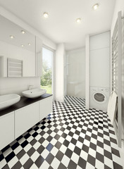 Modern white bathroom with checker tiles pattern interior rendering
