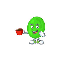 A mascot design character of cocci drinking a cup of coffee