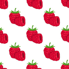 Seamless pattern with fresh bright exotic whole raspberry on white background. Summer fruits for healthy lifestyle. Organic fruit. Cartoon style. Vector illustration for any design.
