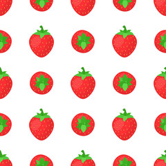Seamless pattern with fresh bright exotic whole strawberries on white background. Summer fruits for healthy lifestyle. Organic fruit. Cartoon style. Vector illustration for any design.