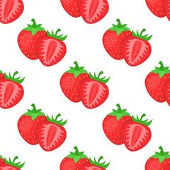 Seamless pattern with fresh bright exotic whole and half strawberries on white background. Summer fruits for healthy lifestyle. Organic fruit. Cartoon style. Vector illustration for any design.