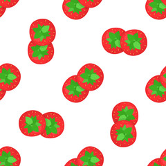 Seamless pattern with fresh bright exotic whole strawberries view from above on white background. Summer fruits for healthy lifestyle. Organic fruit. Cartoon style. Vector illustration for any design.