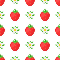 Seamless pattern with fresh bright exotic whole strawberries with flowers on white background. Summer fruits for healthy lifestyle. Organic fruit. Cartoon style. Vector illustration for any design.