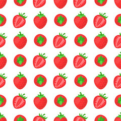 Seamless pattern with fresh bright exotic whole and half strawberries on white background. Summer fruits for healthy lifestyle. Organic fruit. Cartoon style. Vector illustration for any design.