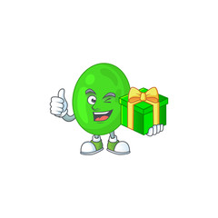 Happy smiley cocci cartoon mascot design with a gift box