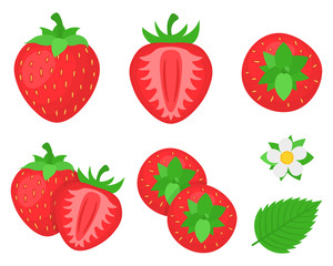 Set of fresh bright exotic whole, half strawberries and flowers isolated on white background. Summer fruits for healthy lifestyle. Organic fruit. Cartoon style. Vector illustration for any design. - 350809551