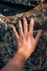 Cambodia. Temple of Death Koch Ker. Amazing Aztec style pyramid. Legend. Secret. Mystic. Antiquity. Koh Ker Female hand on a stone. Power