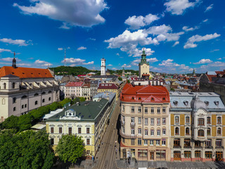 Aerial view on Jesuit Church, City Hall and Latin Cathedral in Lviv, Ukraine from drone