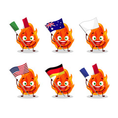 Fire cartoon character bring the flags of various countries