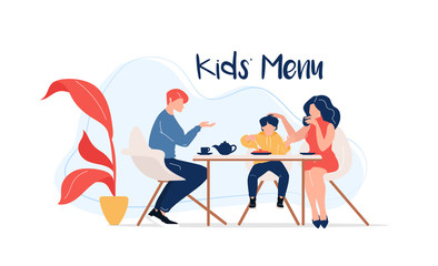 Kids menu flat color vector faceless characters. Cafe food for children. Mother, father and kid drinking tea together isolated cartoon illustration for web graphic design and animation