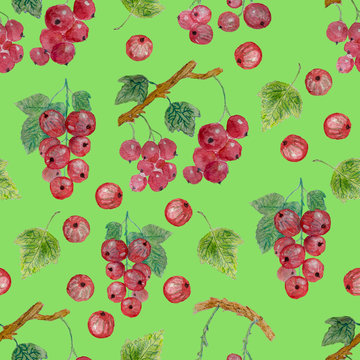 Seamless pattern of red currant . Berries, clusters, leaves. A site about fabrics, textiles, wallpaper, gardening,  fruits. Watercolor images.