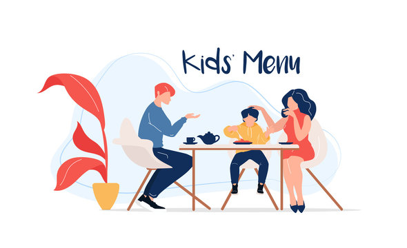 Kids Menu Flat Color Vector Faceless Characters. Cafe Food For Children. Mother, Father And Kid Drinking Tea Together Isolated Cartoon Illustration For Web Graphic Design And Animation