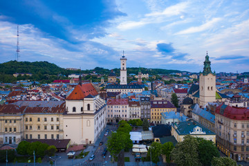 Aerial view on Jesuit Church, City Hall and Latin Cathedral in Lviv, Ukraine from drone