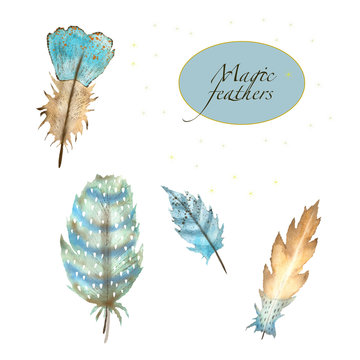 Watercolor illustration of a set of blue bird feathers. Hand-drawn in watercolor and suitable for all types of design and printing.