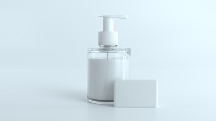 Antiseptic, sanitizer and soap bar mock up for washing hands isolated on white background. Protection from coronavirus, virus, bacterias, flu and pandemic. 3d rendering 