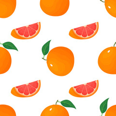 Seamless pattern with fresh bright exotic whole and cut slice grapefruit isolated on white background. Summer fruits for healthy lifestyle. Organic fruit. Vector illustration for any design.
