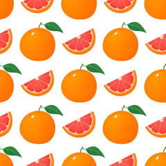 Seamless pattern with fresh bright exotic whole and cut slice grapefruit isolated on white background. Summer fruits for healthy lifestyle. Organic fruit. Vector illustration for any design.
