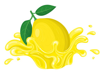 Fresh bright lemon juice splash burst isolated on white background. Summer fruit juice. Cartoon style. Vector illustration for any design.