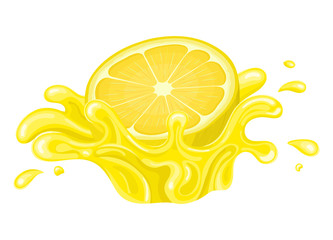 Fresh bright half cut lemon juice splash burst isolated on white background. Summer fruit juice. Cartoon style. Vector illustration for any design.