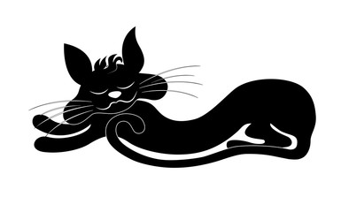 Stock vector illustration. Silhouette of a black cat, he sleeps and smiles, isolated on a white background. © Ольга Ева