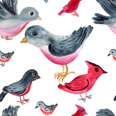 Seamless pattern with cartoon watercolor birds.