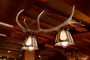 Close up of unusual chandelier made of deer horns or antlers hanging indoors of home or hotel, no people. Brown beige colours. Lamp is turned on