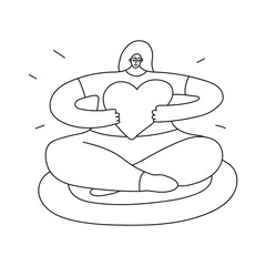 Girl sitting in lotus pose and embrace big heart. Outline Illustration on white background.