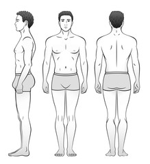 A man in underwear is seen from the front, side and back. Black and white.