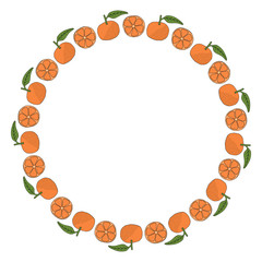 Round frame with tangerines on white background. Vector image.