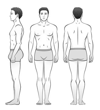 A man in underwear is seen from the front, side and back. Black and white.