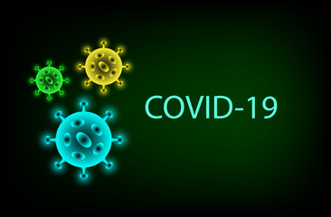 The black background image contains a pathogen called coronavirus, a blue circular object. yellow and green and the official name is COVID-19.