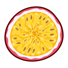 Fresh bright exotic half cut passion fruit isolated on white background. Summer fruits for healthy lifestyle. Organic fruit. Cartoon style. Vector illustration for any design.
