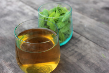 Spruce Tips tea in glass on wood table. Close up of conifer young green cones on rustic background