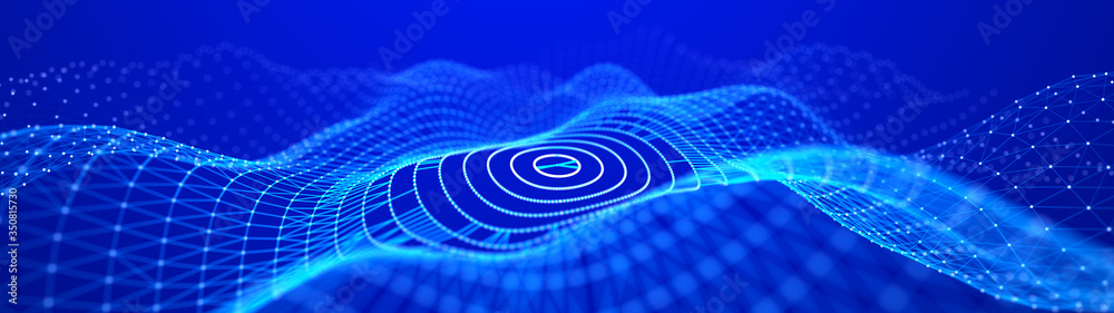 Poster abstract dynamic wave of points and lines. network of bright particles connected by lines. big data.