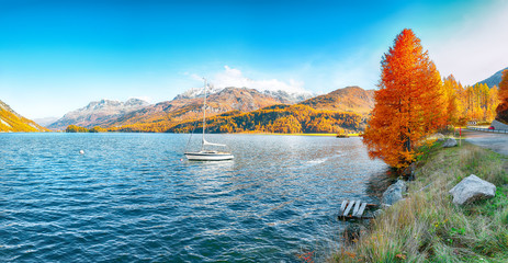 Astonishing autumn scene in Swiss Alps and views of Sils Lake (Silsersee).