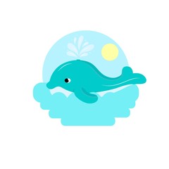 Whale blue cute with water splash in ocean, sea. Sun, sky. Icon isolated. Vector illustration.