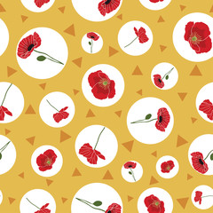 Cute seamless pattern with poppy flowers, circles and triangles on orange background