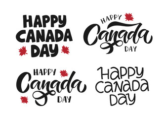 Happy Canada Day holiday vector Illustration set. Hand drawn lettering with maple leaf on white background. Typography design for banner, advertising, poster, greeting card, social media.
